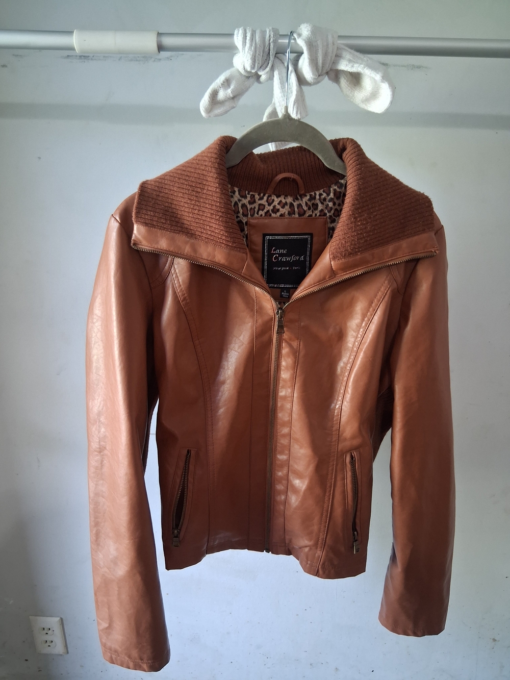 Women's Tan Faux Leather Zip Jacket with Ribbed Collar